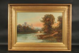 19TH CENTURY ENGLISH SCHOOL. River landscape with double arched bridge and ruined castle. Oil on