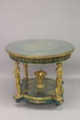 A VERY GOOD LOUIS XVITH DESIGN BOULLE AND MALACHITE CIRCULAR CENTRAL TABLE with Boulle and malachite