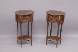 A PAIR OF LOUIS XVITH STYLE INLAID OVAL BEDSIDE CUPBOARDS with three drawers and an under-tier.