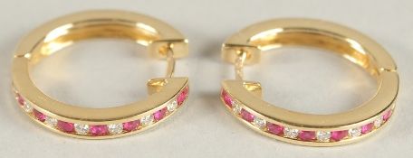A PAIR OF 18CT YELLOW GOLD, DIAMOND AND RUBY HOOP EARRINGS.