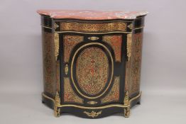 A GOOD MARBLE TOP BOULLE SERPENTINE FRONTED CUPBOARD with large oval Boulle panel and gilt mounts.