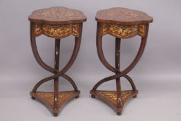 A PAIR OF INLAID SHAPED TOP TABLES with unity stretcher and under-tier. 28ins high x 17ins wide.