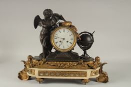 A VERY GOOD FRENCH BRONZE, ORMOLU AND MARBLE CLOCK, with a cupid and globe of the world, with