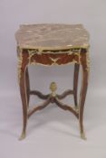 A LOUIS XVITH STYLE INLAID SERPENTINE SHAPED SQUARE TABLE with marble top and ormolu mounts, on