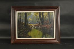 M. B. 1911. A rocky stream through the trees. Monogrammed and dated 1911. Oil on board. 13.5