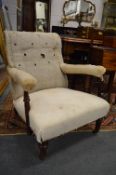 TROLLOP & SONS, A VICTORIAN MAHOGANY FRAMED ARMCHAIR, stamped to the back leg (for upholstery).