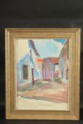 20TH CENTURY. Village street scene with buildings. Oil on board. 16