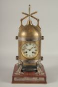 A RARE 19TH CENTURY BRASS AND MARBLE INDUSTRIAL CLOCK as a cistern with 3.5cms dial, on a marble