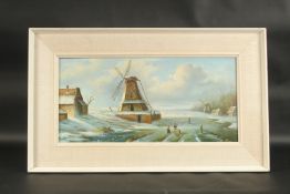 J. LEFRANC. Dutch winter landscape with windmill and figures. Signed. Oil on board. 10