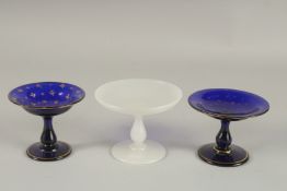 TWO SMALL BLUE GLASS AND GILT DECORATED GLASS TAZZAS, and a similar opaque white glass tazza (3).