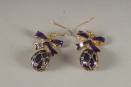 A PAIR OF RUSSIAN BLUE ENAMEL EGG SHAPED EARRINGS.