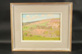 R. MERSON HUGHES. Peaceful English landscape, a farm amidst the trees. Signed. Oil on board. 9.5