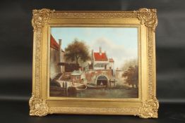 L. CLAYTON. Dutch river scene with buildings, boats and figures. Signed. Oil on panel. 16