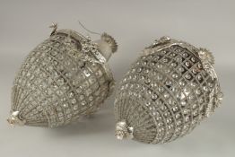 A PAIR OF ACORN SILVER PLATED CHANDELIERS. 18ins.