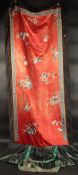 A FINE LARGE CHINESE EMBROIDERED SILK TEXTILE, decorated with peach and bats with butterflies and