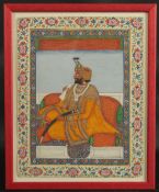 AN INDIAN PAINTING ON PAPER A KNEELING ROYAL FIGURE, with fine floral border, framed and glazed,