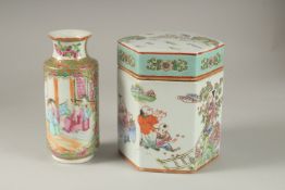 A CHINESE CANTON PORCELAIN VASE AND HEXAGONAL PORCELAIN TEA CADDY, (2).