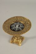 A RARE 19TH CENTURY FRENCH GILT BRONZE TAZZA, with a central enamel plaque with a portrait of an