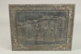A RARE INDIAN BIDRI SILVER INLAID TRAY, depicting a building, the reverse inscribed 'Lady Tasker