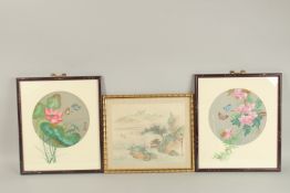 THREE CHINESE PAINTINGS ON SILK, each framed and glazed, (3).