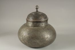 A VERY FINELY ENGRAVED LARGE 18TH -19TH CENTURY PERSIAN TINNED COPPER BOWL, with openworked lid,