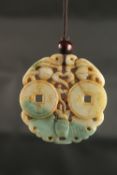A FINELY CARVED 19TH-EARLY 20TH CENTURY CHINESE CARVED JADE PENDANT, with bats and two inscribed