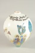 A TURKISH ARMENIAN GLAZED POTTERY BALL ORNAMENT, 20cm high.