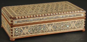 A FINE MID 20TH CENTURY SYRIAN BONE AND MOTHER PEARL INLAID BOX, 27cm x 14cm.