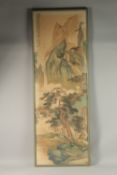 A LARGE CHINESE PAINTING ON PAPER, depicting a mountainous landscape, inscribed to upper left with