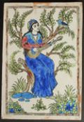 AN EARLY 20TH CENTURY LARGE PERSIAN POTTERY TILE, depicting a female playing a musical instrument,