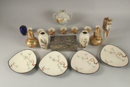 A COLLECTION OF JAPANESE SATSUMA ITEMS, together with a small signed cloisonne vase and a white