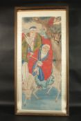 A LARGE PAINTING ON PAPER DEPICTING TWO IMMORTALS, image 79cm x 34cm, with frame, unglazed.