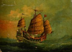 19TH CENTURY ANGLO-CHINESE SCHOOL, A JUNK AT FULL SAIL, oil on canvas, 17