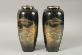 A PAIR OF JAPANESE MIXED METAL VASES, 24cm high, together with a cylindrical vase with relief