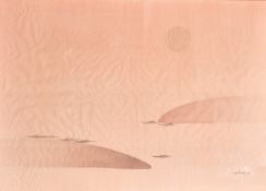 CHINESE SCHOOL, LATE 20TH CENTURY, FISHING BOATS TIED UP AT SUNSET, watercolour on silk, signed Xu