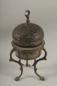 A FINE 19TH CENTURY SYRIAN DAMASCUS SILVER INLAID BRASS INCENSE BURNER, 19cm high.