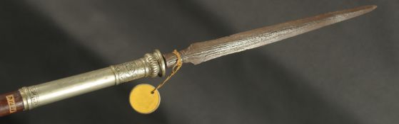A FINE 18TH-19TH CENTURY THAI OR MALAY SPEAR, with a fine white metal mounted watered steel blade,