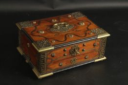 A VERY FINE 18TH-19TH CENTURY DUTCH COLONIAL BATAVIAN BRASS MOUNTED CASKET, with drawer to the front