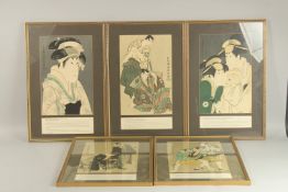 A SERIES OF FIVE JAPANESE PRINTS, depicting different figures, each uniformly framed and glazed, (