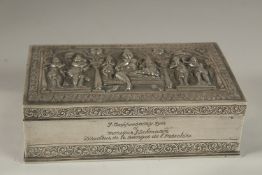 A FINE 19TH CENTURY SOUTH INDIAN SOLID SILVER BOX, weight 321g, 15cm wide.