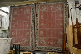 A PAIR OF KASHMIR RUGS OR WALL HANGINGS, 280cm x 185cm.