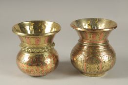 TWO 18TH CENTURY SOUTH INDIAN TANJORE GANGA JUMNA BRASS VASES, one displays the avatars of Vishnu,