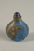 A VERY FINE 19TH CENTURY CHINESE CARVED LAPIS SNUFF BOTTLE, with carved character mark, 8cm high.