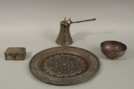 A FINE SYRIAN DAMASCUS SILVER AND COPPER INLAID BRASS TRAY, inscribed and dated 1910, together