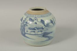 A CHINESE BLUE AND WHITE PORCELAIN JAR, 16cm high.