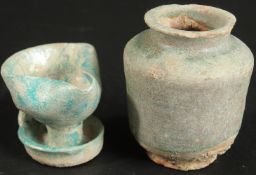 A 12TH CENTURY PERSIAN KASHAN TURQUOISE GLAZED POTTERY VESSEL AND OIL LAMP, provenance: formerly