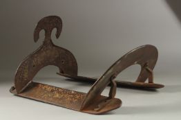 A RARE AND FINE 18TH-19TH CENTURY PERSIAN SILVER INLAID IRON SADDLE, with calligraphic inscriptions,