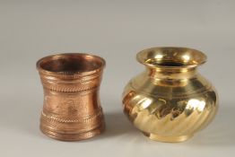 TWO 18TH CENTURY INDIAN POTS, one lota with turban design, the other an engraved copper beaker, (