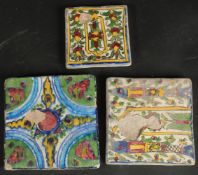 A COLLECTION OF THREE PERSIAN QAJAR TILES, including one with fish designs, largest 13cm square, (