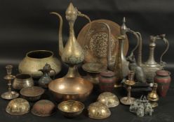 A LARGE GROUP OF MIXED ISLAMIC AND INDIAN METALWORKS, and other items, (qty).